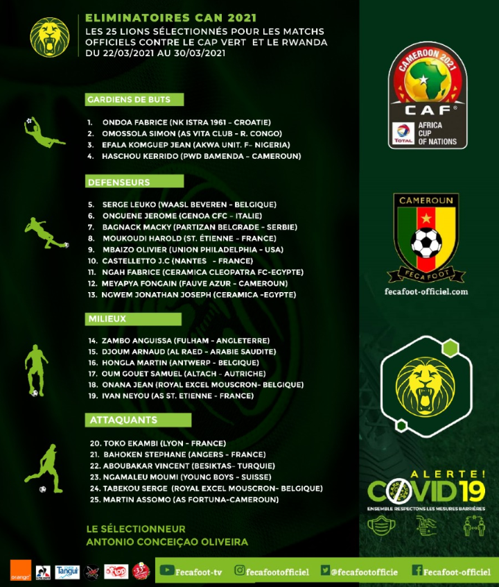 ShowTime237's tweet photo. Liste des 25 
Lions Indomptables retenus pour les matchs officiels contre le Rwanda et le Cap_Vert des 26 et 30 mars 2021. Matchs comptant pour les 5ème et 6ème journées des éliminatoires de la TOTALCAN2021. https://t.co/jkGodr8Ueg