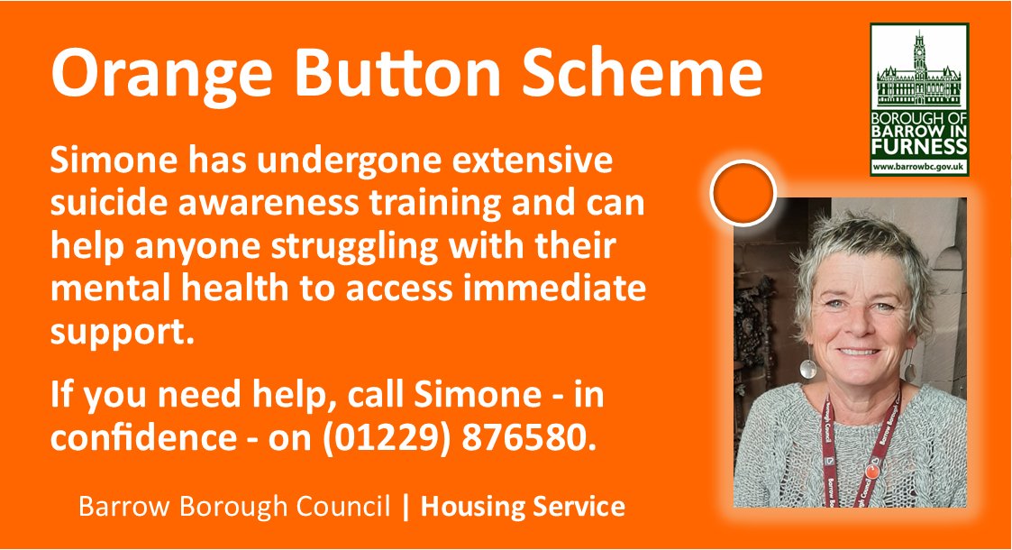 WandFCThrivComm's tweet image. Housing officer, Simone Singleton is the proud holder of the Orange Button which is worn by people in South Cumbria and Lancashire who've undergone extensive suicide awareness training.
🟠healthierlsc.co.uk/OrangeButtonSc…
#OrangeButtonCommunity #showusyourorangebutton