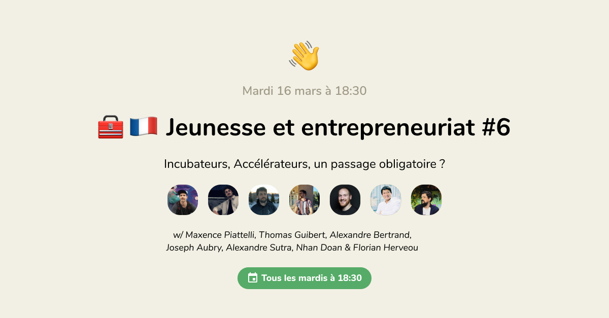 🚀 Incubateurs, Accélérateurs, un passage obligatoire ? 🚀

🎙️ Ce soir, de 18h30 à 19h30, Alexandre de l'équipe Héméra sera sur #Clubhouse pour parler jeunesse et entrepreneuriat avec Maxence Piattelli, Thomas Guibert Alexandre Bertrand, Nhan Doan et Florian HERVÉOU.