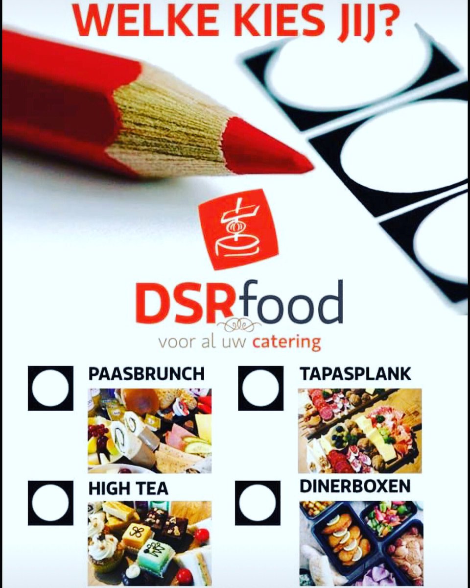 Welke kies jij? ✏️
🔘 Paasbrunch
🔘 Tapasplank
🔘 High Tea
🔘 Dinerbox

#verkiezingen #stemmen #DSRfood #catering #paasbrunch #tapasplank #hightea #dinerbox