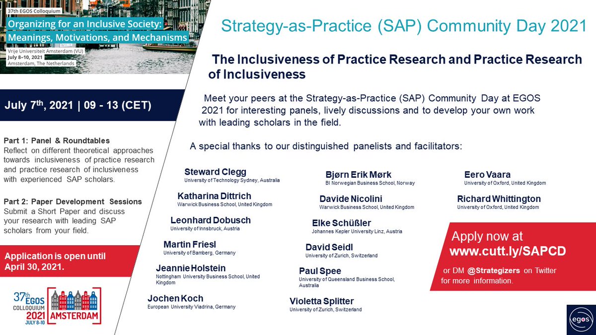Join an amazing group of researchers for panel discussions &amp; paper development roundtables at this year’s SAP Community Day 2021 at <a href="/egos2021/">egos2021</a>. 
👉🏾Join the event by applying until April 30 at cutt.ly/SAPCD 
@egosnet <a href="/Strategizers/">SAP Interest Group</a>