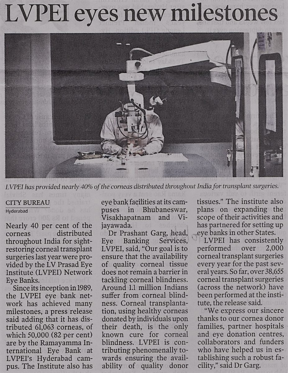 Nearly 40% of all the corneas distributed in India last year, were provided by the #LVPEI #eyebank network, ensuring several sight-restoring corneal transplant surgeries. Read more: lvpei.org/press-event/60 #Gratitude to the cornea donor families, partners & collaborators.