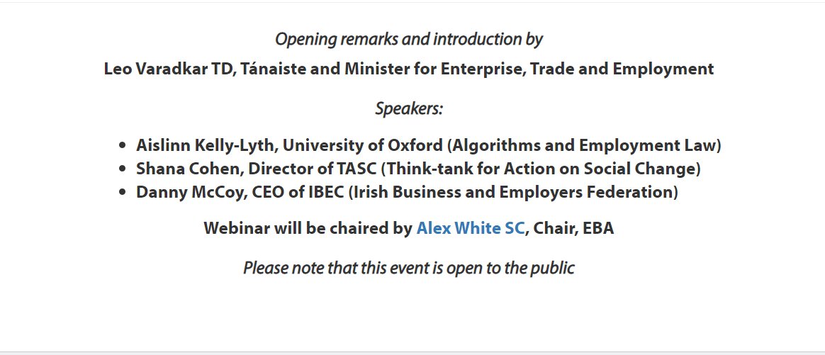 Speakers include @LeoVaradkar, @ibec_irl, @LawAislinn and @TASCblog 

🗓️Thurs. 18th March 4.30
✏️Register: ti.to/eba/series-Mar…
