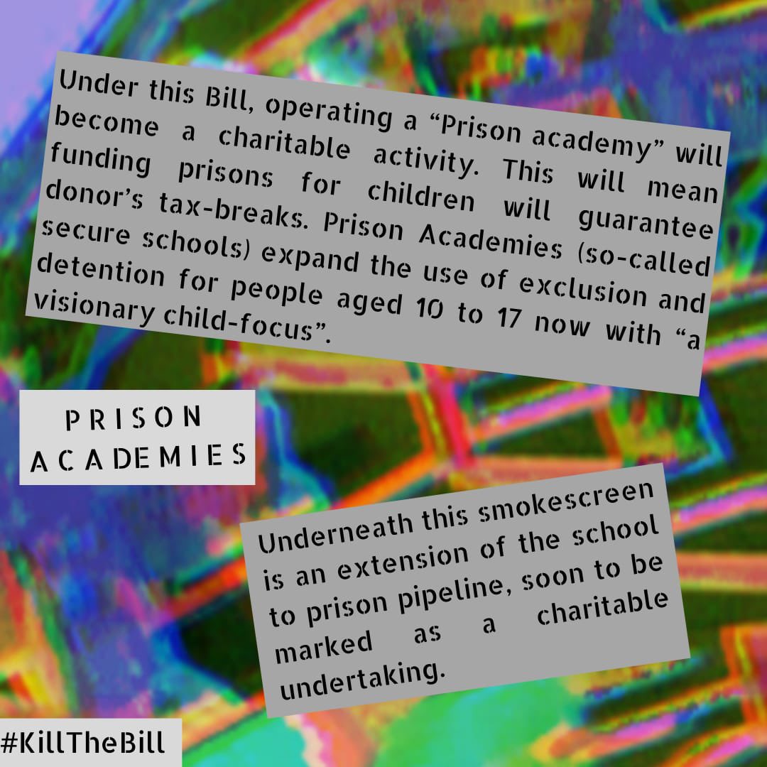 Prison Academies - Under this Bill, operating a “Prison academy” will become a charitable activity. This will mean funding prisons for children will guarantee donor’s tax-breaks.