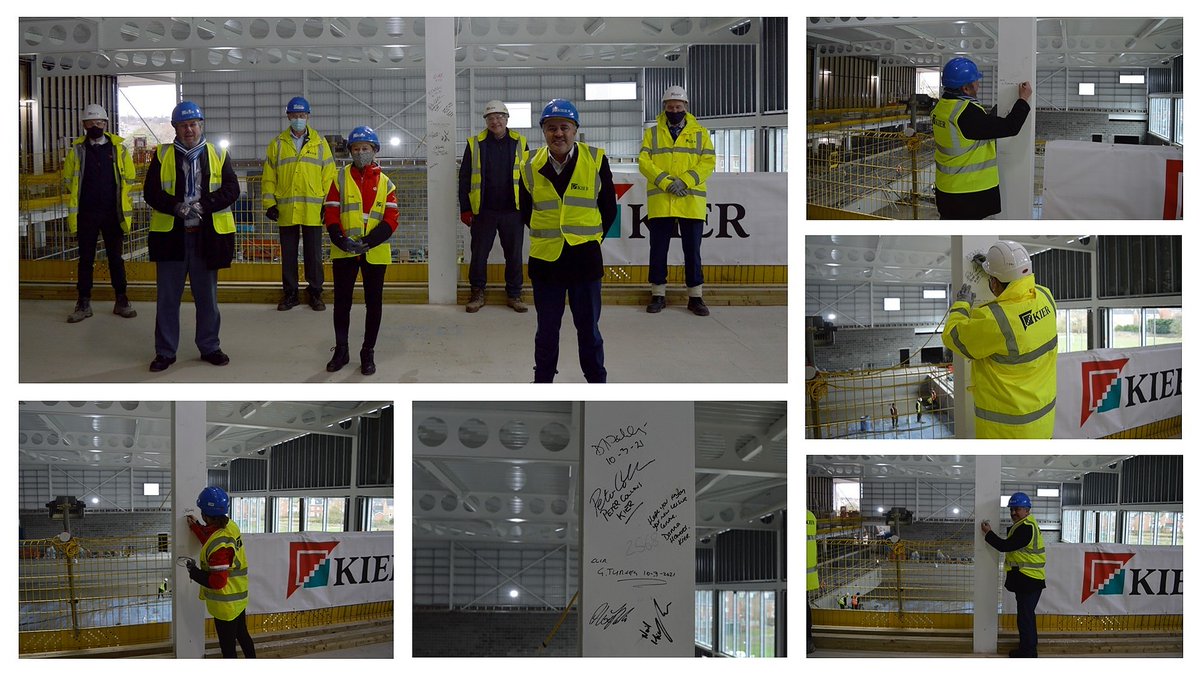 kierconstruct's tweet photo. Delighted to see the steel frame completed at our project, Spen Valley Leisure Centre in #Kirklees. We held a small steel signing event to mark the occasion with 3β£ councillors in attendance. #loveconstruction #spenvalley #steelsigning @KirkleesCouncil https://t.co/UMKnCrfTfG