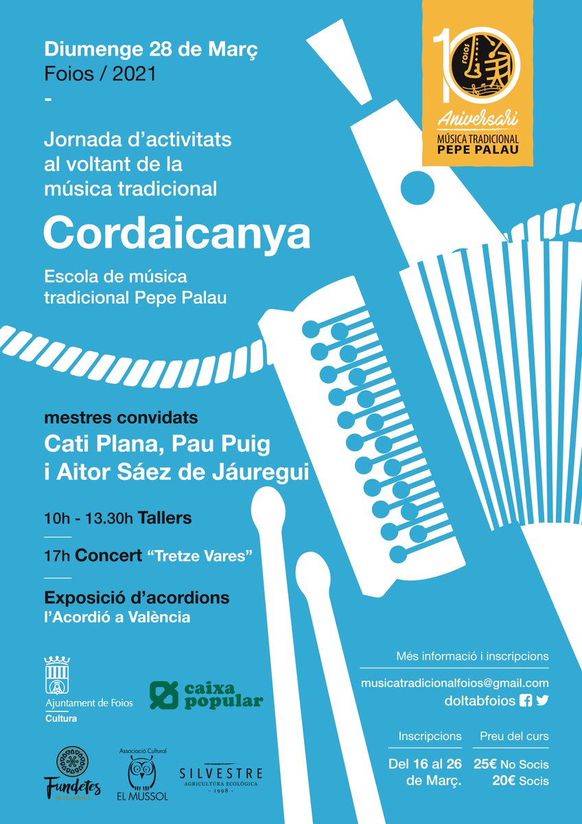 Quarta edició del CORDAICANYA i aquest any amb la impressionant CATI PLANA, PAU PUIG i AITOR SÁEZ DE JÁUREGI, quin gustàs!!

📆 Diumenge 28 de Març
📍 Foios

📝 INSCRIPCIONS I INFO:
👉 forms.gle/GkhdDMFGE9bzJA…

 No us ho perdeu! 😉
#cordaicanya2021 #foios #doltabfoios