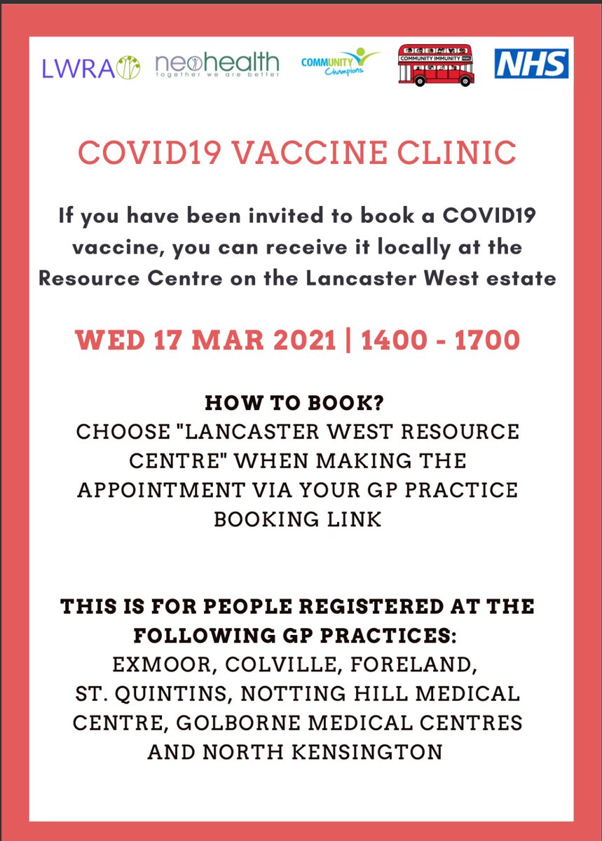 Notting Dale Community & Maternity Champions (@ndchampions) on Twitter photo We are very excited to support #CommunityImmunityNWL #COVID19Vaccine pop up clinic tomorrow on Lancaster West estate. 👍😷😀
Follow the details here to book your jab.👇
@helloLancWest <a href="/NeohealthPCN/">Neohealth PCN</a> <a href="/manpreetbains_1/">🌟Manpreet Bains</a> <a href="/WLondonCCG/">wlondonccg</a> <a href="/BayTwenty/">Bay20</a> <a href="/PerenoRobert/">A Plant For Every Home 🕊</a> <a href="/CicGrove/">unity grove cic</a> <a href="/GrenfellNHS/">Grenfell NHS News</a> We are very excited to support #CommunityImmunityNWL #COVID19Vaccine pop up clinic tomorrow on Lancaster West estate. 👍😷😀
Follow the details here to book your jab.👇
@helloLancWest <a href="/NeohealthPCN/">Neohealth PCN</a> <a href="/manpreetbains_1/">🌟Manpreet Bains</a> <a href="/WLondonCCG/">wlondonccg</a> <a href="/BayTwenty/">Bay20</a> <a href="/PerenoRobert/">A Plant For Every Home 🕊</a> <a href="/CicGrove/">unity grove cic</a> <a href="/GrenfellNHS/">Grenfell NHS News</a>