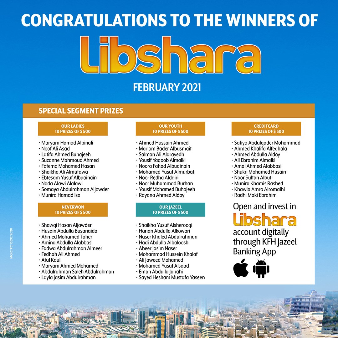 ASBFormerlyKFHB's tweet photo. Congratulations to Husain Sultan Alghanim for winning the grand prize of $100,000, and all other winners of February 2021!
Open and invest more in Libshara account digitally today through KFH Jazeel Banking App. Available on App Store and Google Play Store.
#KFHBahrain #Libshara https://t.co/Uik5HRJ2vs