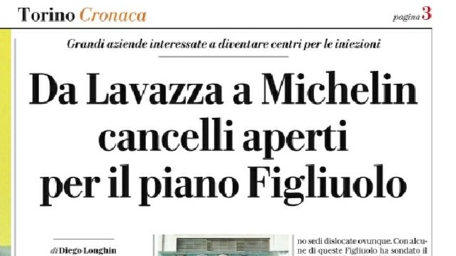 Unione Industriali Torino (@uitorino) on Twitter photo #rassegnastampa: #campagnavaccinale su <a href="/rep_torino/">Repubblica Torino</a>.
Oltre 1600 imprese hanno aderito alla #campagnavaccini di <a href="/Confindustria/">Confindustria</a>. Tra loro anche <a href="/Stellantis/">Stellantis</a>, <a href="/Michelin/">Michelin</a>, <a href="/lavazzagroup/">Lavazza Group</a>, #Ferrero, <a href="/Leonardo_IT/">Leonardo</a>, <a href="/EnelGroupIT/">Enel Group</a>, <a href="/eni/">eni</a>.
#UiSocial
<a href="/ConfPiem/">Confindustria Piemonte</a> #rassegnastampa: #campagnavaccinale su <a href="/rep_torino/">Repubblica Torino</a>.
Oltre 1600 imprese hanno aderito alla #campagnavaccini di <a href="/Confindustria/">Confindustria</a>. Tra loro anche <a href="/Stellantis/">Stellantis</a>, <a href="/Michelin/">Michelin</a>, <a href="/lavazzagroup/">Lavazza Group</a>, #Ferrero, <a href="/Leonardo_IT/">Leonardo</a>, <a href="/EnelGroupIT/">Enel Group</a>, <a href="/eni/">eni</a>.
#UiSocial
<a href="/ConfPiem/">Confindustria Piemonte</a>
