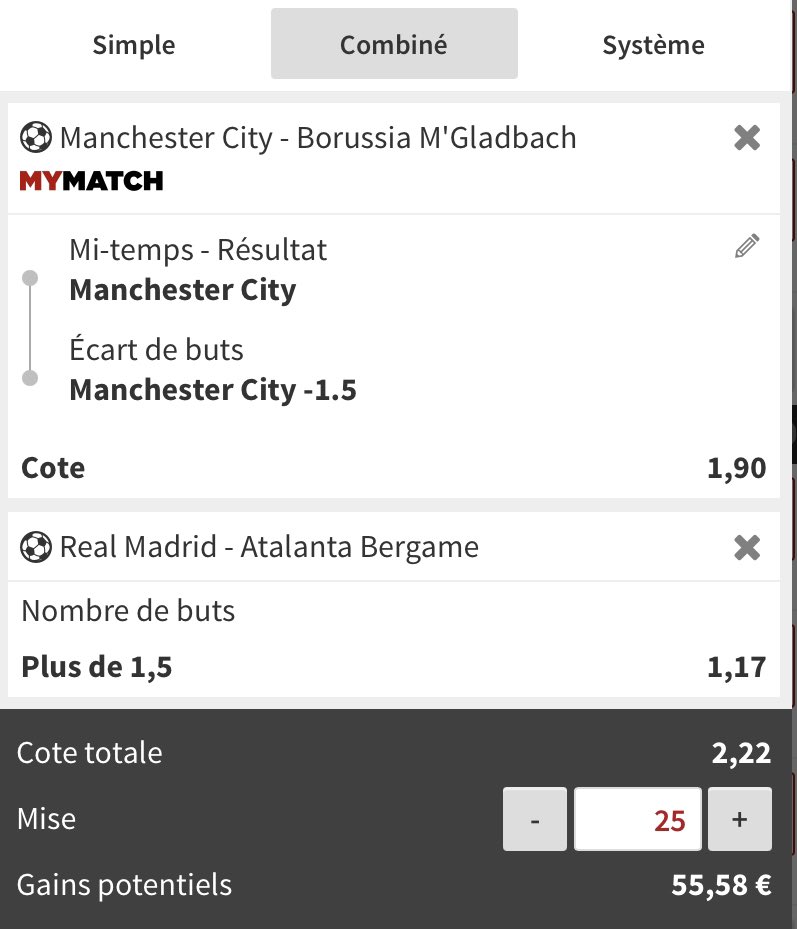 BenefPronos_'s tweet image. 🔱Safe du jour
🥩@2,22
⚽️City MT &amp;amp; Win avec 1,5 d’écart / +1,5 Réal - Atalanta 

🤑Bon match à tous !#TeamParieur 

❤️ &amp;amp; ♻️ Pour le soutien 

🛑Parrainage Winamax : winamax.fr/i/9nfega