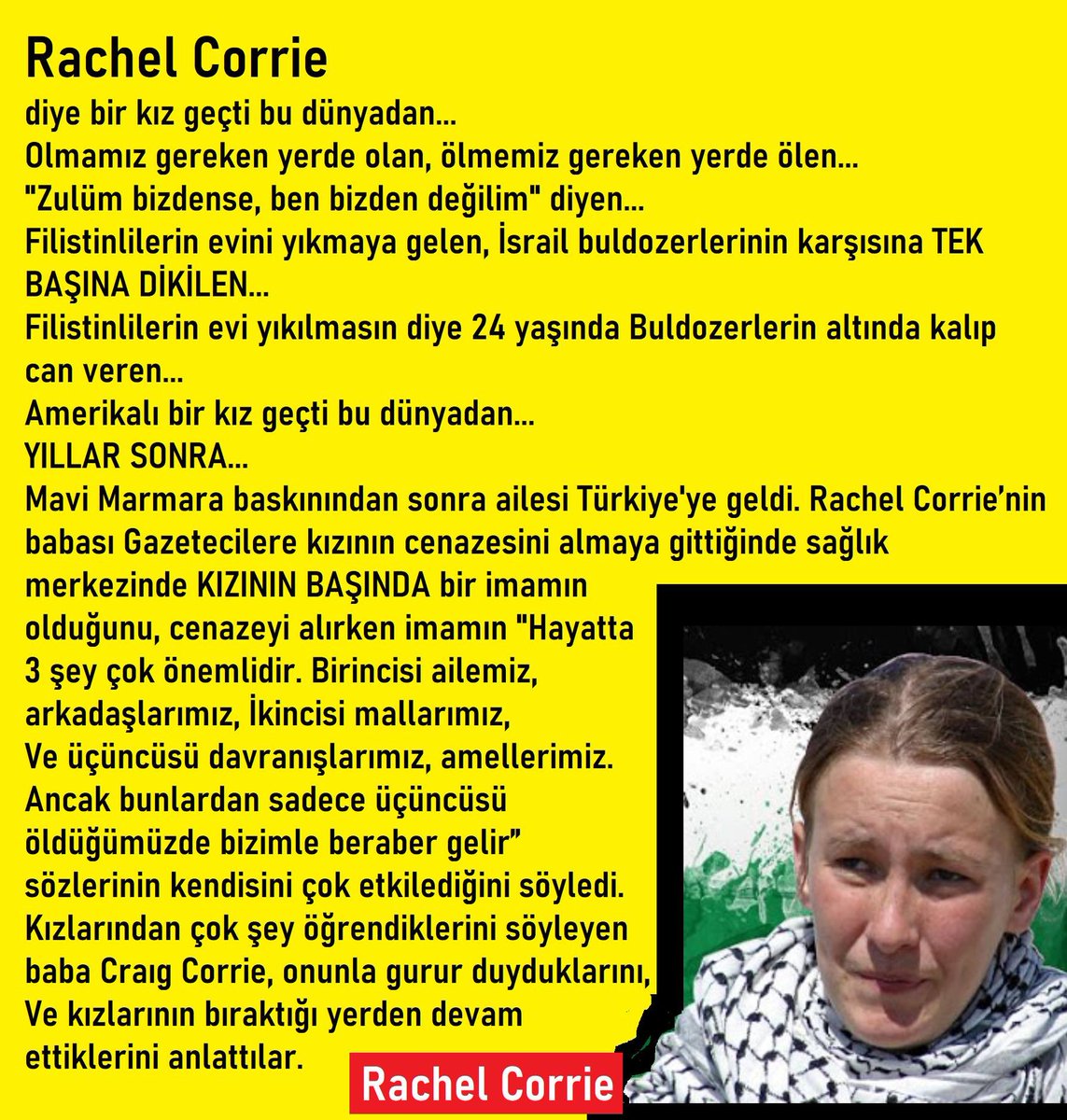 SrmnSeruz's tweet photo. Altın saçlı bir kız geçti bu dünyadan.
Olmamız gereken yerde olan,
Ölmemiz gereken yerde ölen..

"Zulüm bizdense, ben bizden değilim!" 
diyen ABD'li aktivist #RachelCorrie, 18 yıl önce bugün Filistinliler için verdiği mücadelede İsrail tarafından öldürüldü
Saygıyla yad ediyoruz https://t.co/0x4EnUeYGC