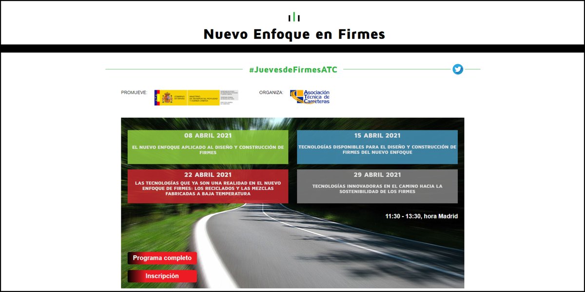 ATC_PIARC's tweet image. NUEVO ENFOQUE EN FIRMES
#JuevesdeFirmesATC de 11:30 a 13:30 (🇪🇸)

✅08/04-Diseño y construcción de firmes
✅15/04-Tecnol. disponibles 
✅22/04-Reciclados y mezclas fabricadas a baja tª
✅29/04-Tecnol. innovadoras

Programa e inscripción gratuita:
🌐 congresosatcpiarc.es/juevesdefirmes…