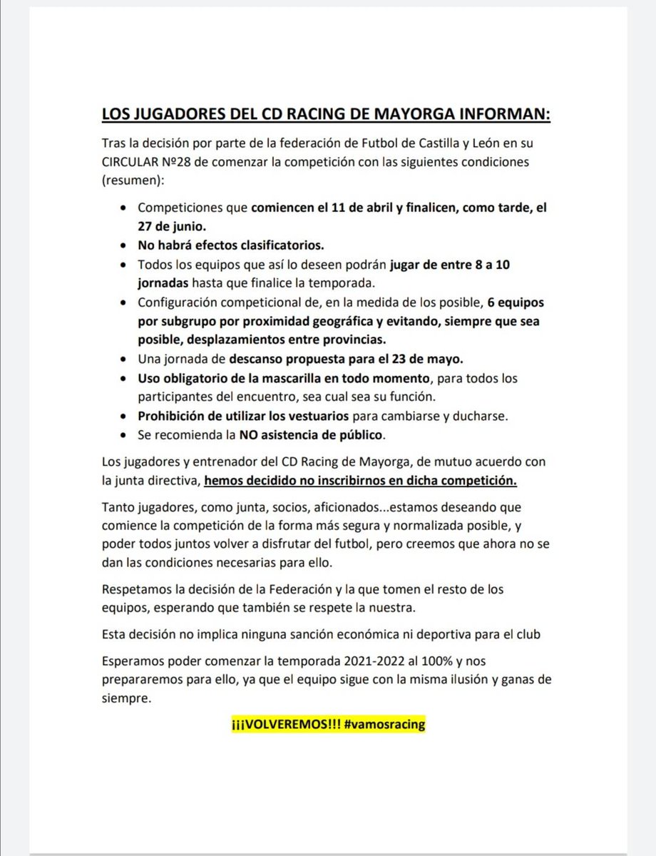 RacingdeMayorga's tweet photo. Comunicado de los jugadores: https://t.co/hrQyo9OGNq