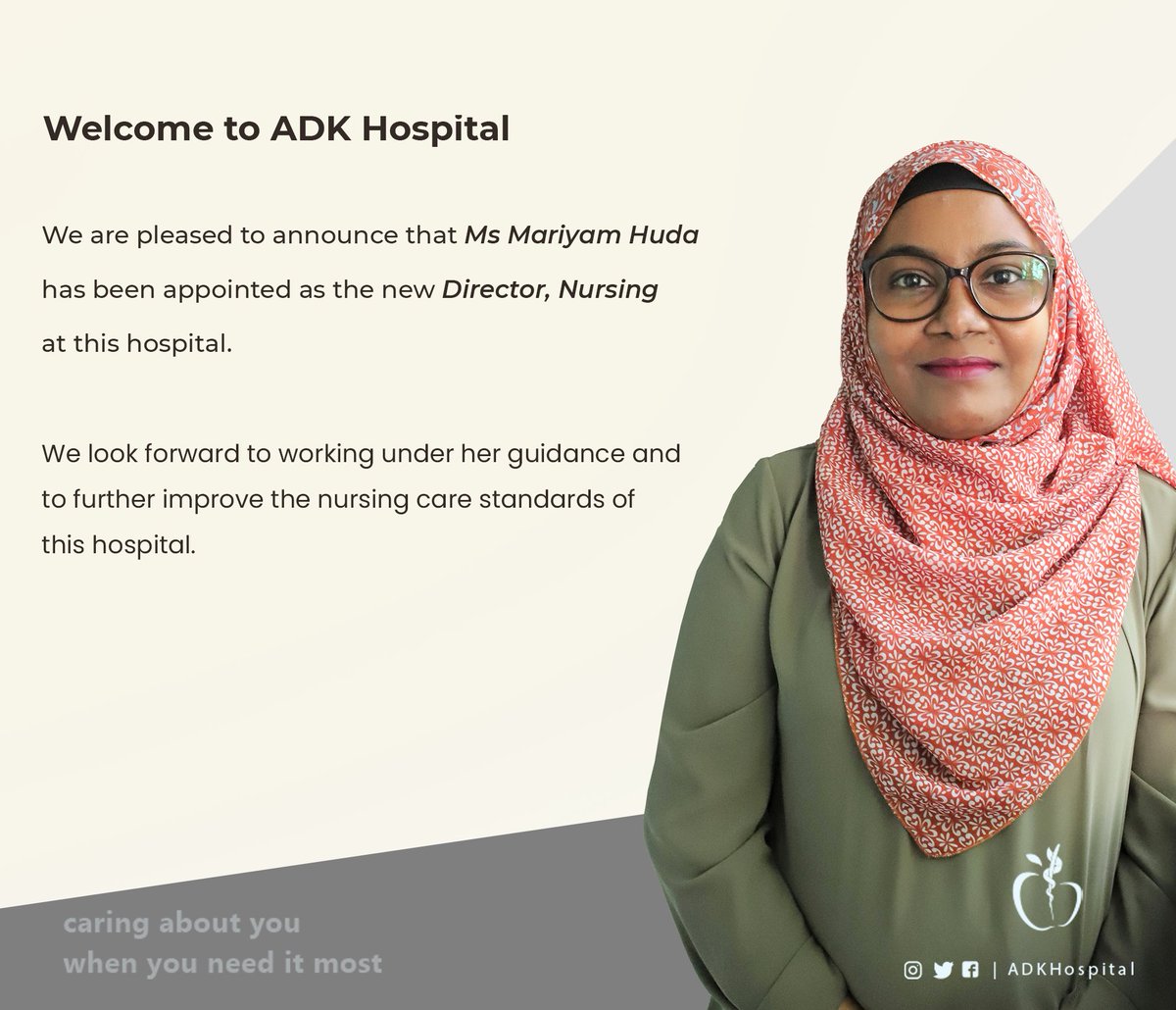 Adk Hospital We Are Pleased To Announce That Ms Mariyam Huda Has Been Appointed As The New Director Nursing At This Hospital Adk Hospital We Are Pleased To Announce That Ms Mariyam Huda Has Been Appointed As The New Director Nursing At This Hospital