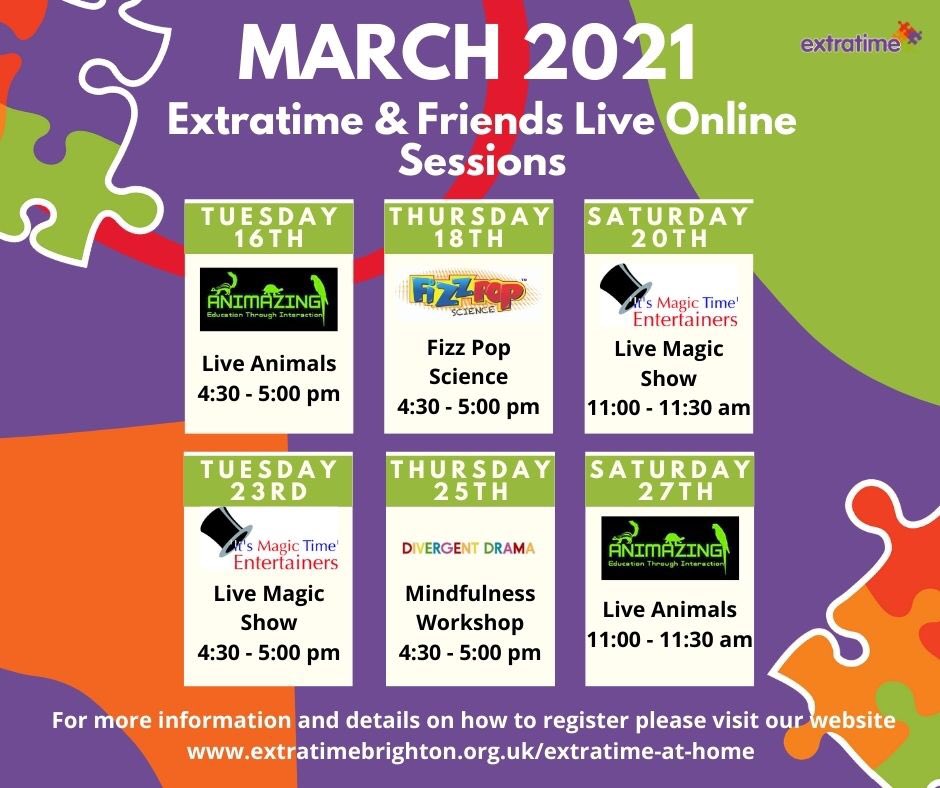 This just in. The remaining <a href="/ExtratimeBtn/">Extratime</a> and Friends Live Online Sessions for March. More to come during the Easter Holidays too.
Sign up extratimebrighton.org.uk/extratime-and-…