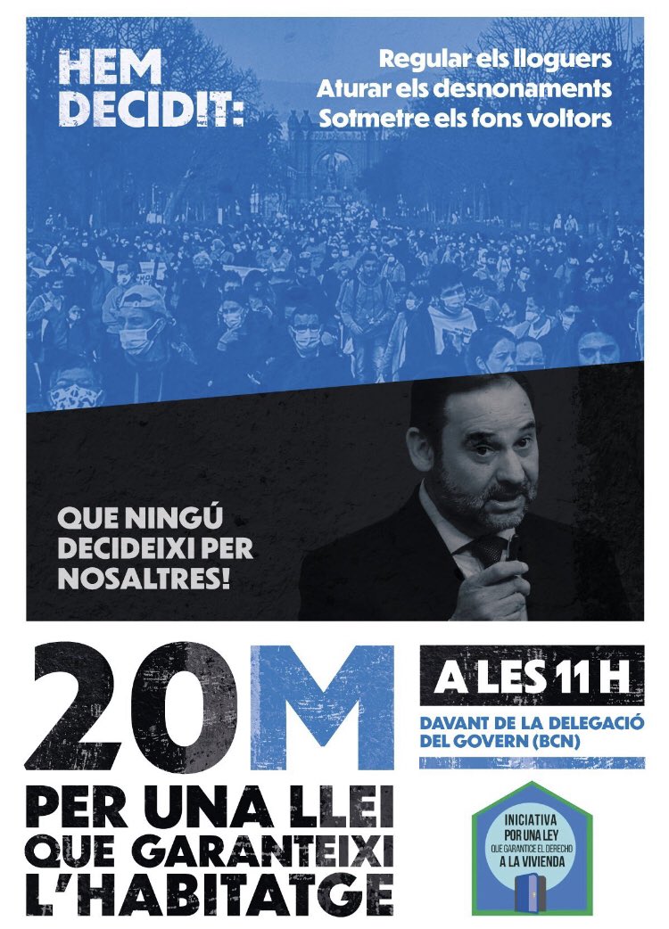 #HemDecidit unir forces:

➡️Tots els col•lectius a favor del Dret a Habitatge sortim al carrer.

📆Dissabte 20M
⏰11:00h.
🏛Delegació del Govern (BCN)

🔥No t’ho perdis🔥