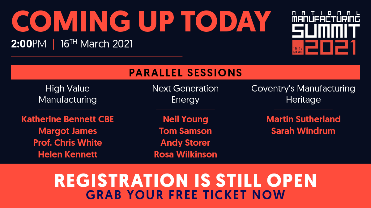 This afternoon a number of parallel sessions will be taking place, where we’ll be joined by a number of experts. The sessions will include #HighValueManufacturing, Next Generation #Energy & Coventry’s #Manufacturing #Heritage. Register: bit.ly/38GIB9G #NMS2021 #ukmfg