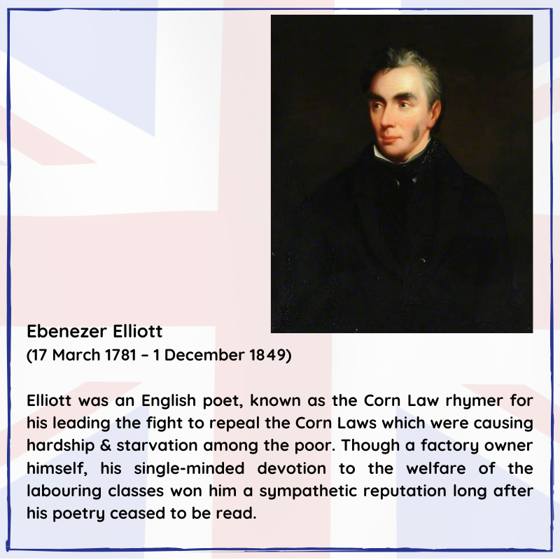 BritishHistorym's tweet photo. #otd 17 March 1781 – Ebenezer Elliott was born (d. 1849)
He was an English poet, known as the Corn Law rhymer for his leading the fight to repeal the Corn Laws which were causing hardship & starvation among the poor.
#Britishhistory #poet #Cornlaw #EbeneezerElliott #history https://t.co/WV7BdFCXYt