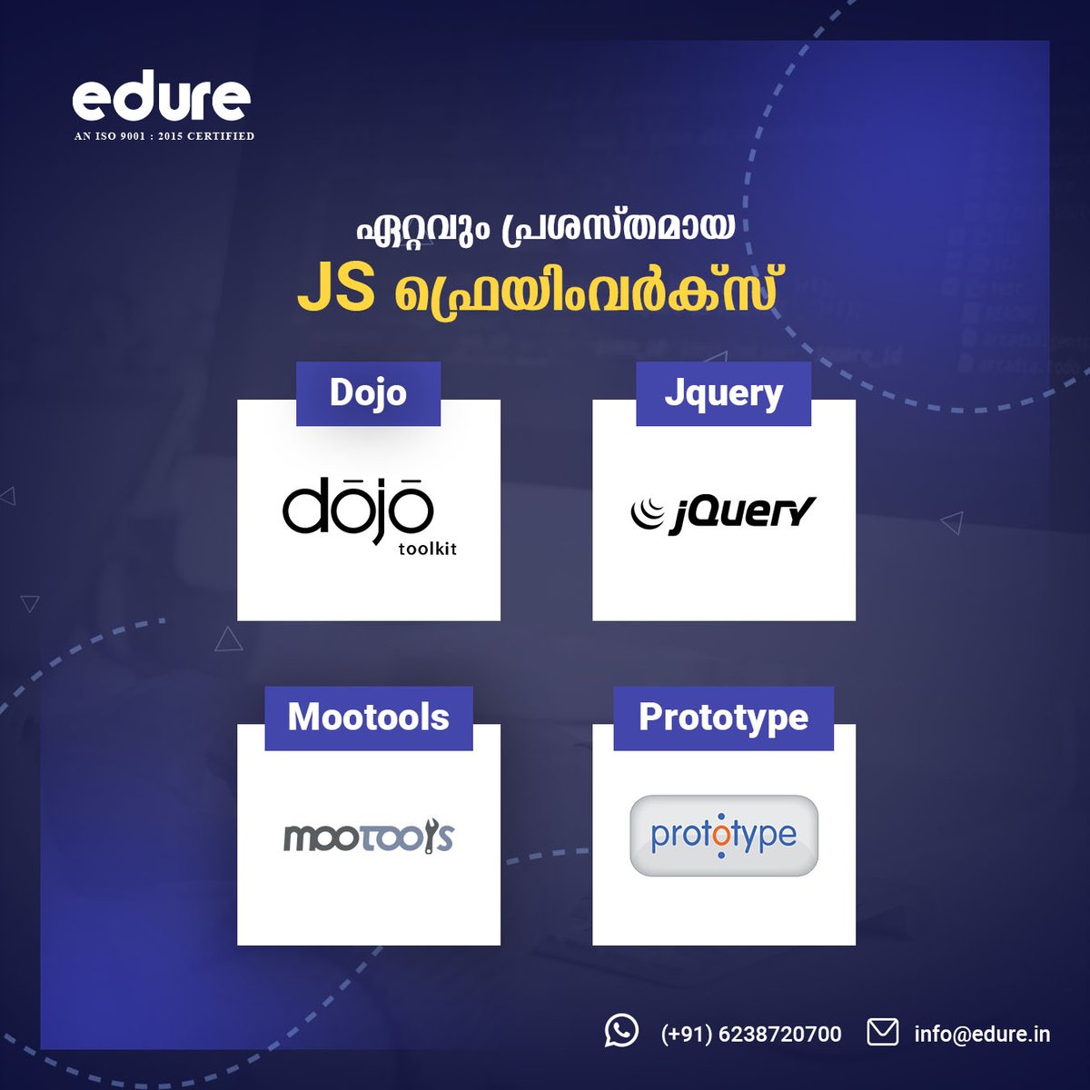 edurelearning's tweet photo. ഏറ്റവും പ്രശസ്തമായ JS ഫ്രെയിംവർക്സ് 
Most popular Js Frameworks
To know more connect with us at info@edure.in or +91-6238720700
.
.
.
.
.
#edure #edurelearning #fullstackdeveloper #fullstackdevelopment #fullstack #programming #php #elearning #html #css #javascript #reactjs https://t.co/KLxLvTsmHH