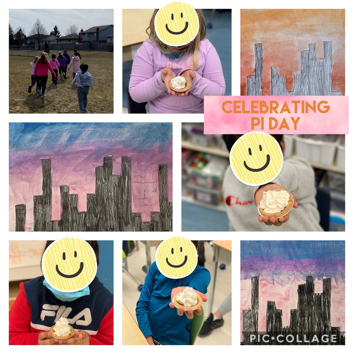 MissFryday's tweet photo. Yesterday we celebrated PI Day by walking 3.14km, representing Pi in art form, and eating yummy pies. It was a great start to our week! #PiDay #grade3 @WilfridJuryPS https://t.co/a3pmuDrNzT