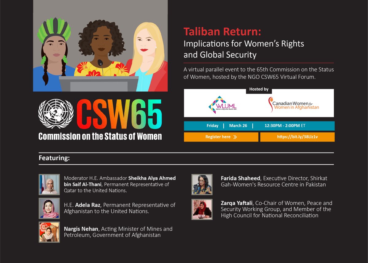 'Taliban Return: Implications for Women's Rights and Global Security' Join us March 26 for a live parallel event to the 65th @UN_Women Commission on the Status of Women, co-hosted with @WLUML  #CSW65, #GenerationEquality Info and registration 👇