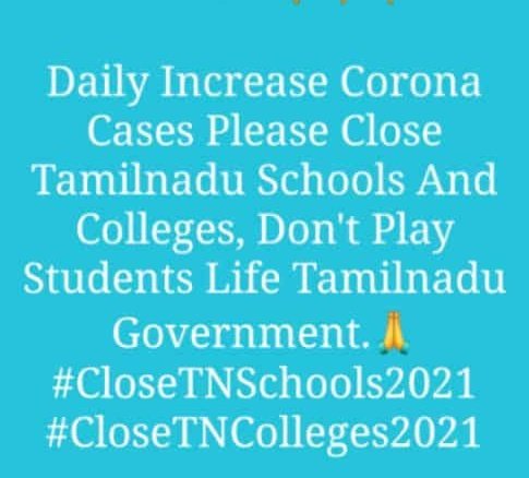 jayasuryatvk's tweet photo. #Corona @CMOTamilNadu @KASengottaiyan #TamilNadu கொரோனா தொற்று அதிகரித்து கொண்டுள்ளதால் மாணவர்களின் நலனைக் கருத்தில் கொண்டு தமிழ்நாடு அரசு தகுந்த நடவடிக்கை எடுக்குமாறு மிகவும் தாழ்மையுடன் கேட்டுக் கொள்கிறேன் 🙏 #Covid_19 
#CloseTNSchools #closetnschools2021 #closetncolleges2021 https://t.co/Lhb1HrHqNf