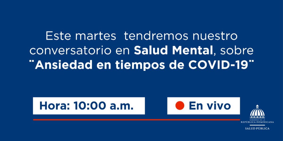 *️⃣📡 Hoy, a las 10:00 am, en el habitual conversatorio de los martes que organiza nuestro Departamento de Salud Mental, el tema es “Ansiedad en tiempos de COVID-19”. ✋🏼No te pierdas ningún detalle y sigue la transmisión #EnVivo por nuestra página de Instagram: <a href="/saludpublicard/">Salud Pública RD</a>.🙌🏼
