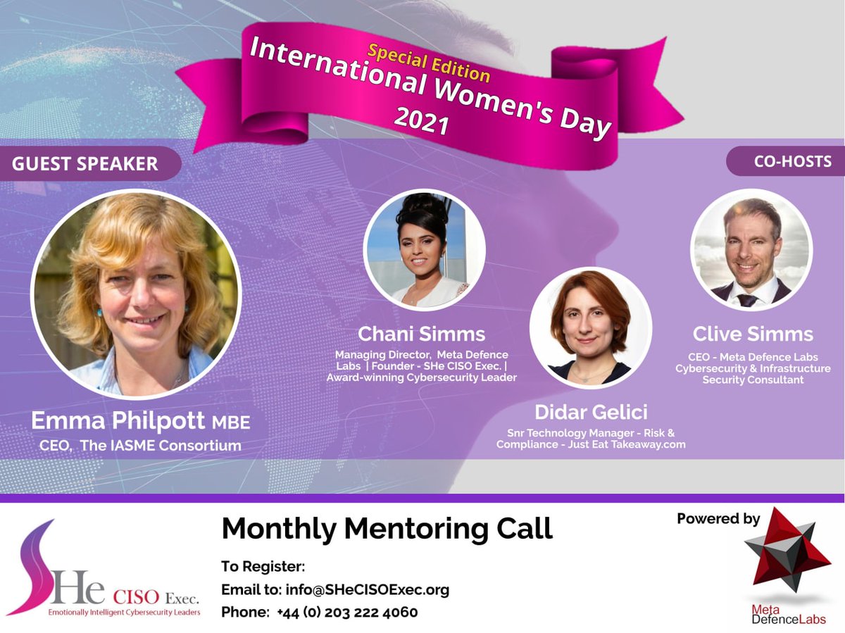 IASME1's tweet photo. This afternoon, IASME CEO Dr Emma Philpott MBE will be taking part in #InternationalWomensDay celebrations hosted by @SHeCISOExecu, recognising the amazing female leaders in the #cybersecurity industry. More information and joining info can be found here
https://t.co/z0WRM1C7Bj https://t.co/sTQj30DooC
