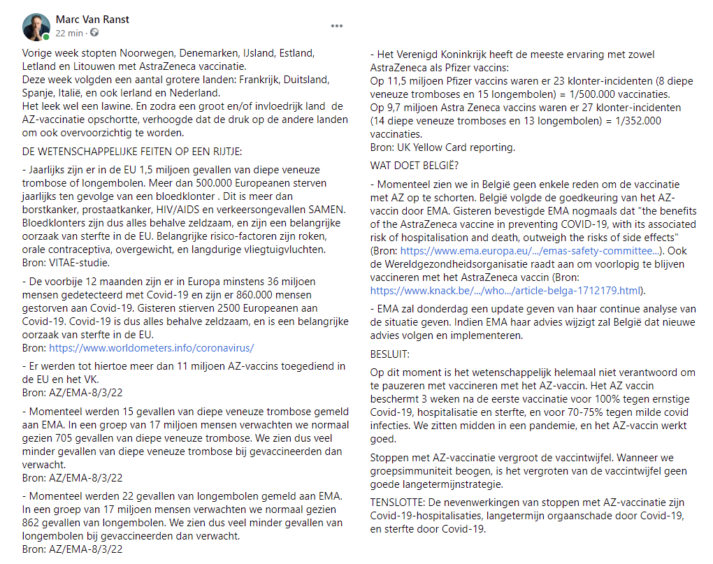 vanranstmarc's tweet photo. Een long-read over de Belgische beslissing om niet te pauzeren met de vaccinatie met het AstraZeneca vaccin.
Besluit: De nevenwerkingen van stoppen met AZ-vaccinatie zijn Covid-19-hospitalisaties, lange-termijn orgaanschade door Covid-19, en sterfte door Covid-19. https://t.co/I1mq6MnQZ2