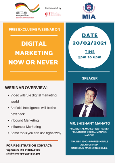 MSME Connect (@msmeconnect) on Twitter photo MIDC Industries Association (MIA) Hingna & GIZ India brings to you an exclusive free webinar on Digital Marketing - Now or Never.
Registration Link: forms.gle/jccW9oQkGd2NB5…
<a href="/MidcMia/">MIDC Industries Association - MIA Hingna Nagpur</a> @giz_india #Marketing #FacebookMarketing #DigitalMarketing MIDC Industries Association (MIA) Hingna & GIZ India brings to you an exclusive free webinar on Digital Marketing - Now or Never.
Registration Link: forms.gle/jccW9oQkGd2NB5…
<a href="/MidcMia/">MIDC Industries Association - MIA Hingna Nagpur</a> @giz_india #Marketing #FacebookMarketing #DigitalMarketing