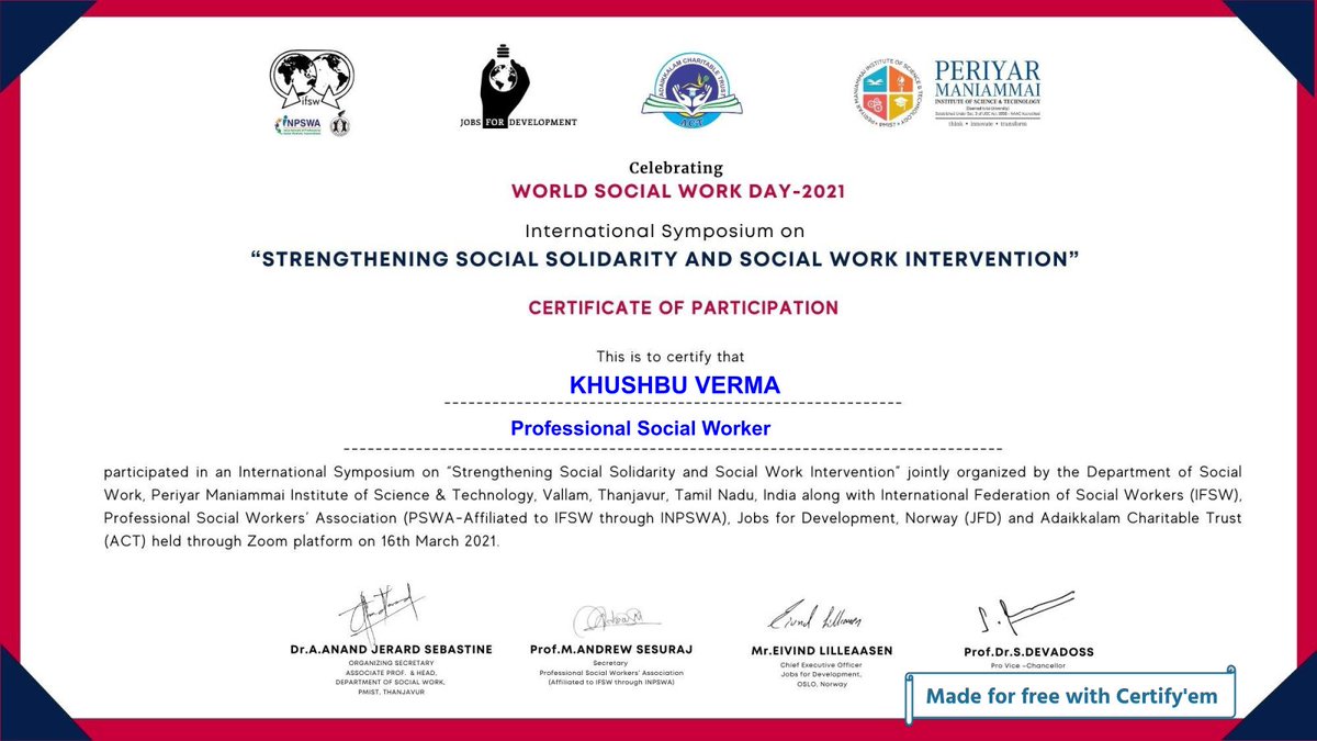khushbu_msw's tweet photo. Happy World Social Work Day❣️

Great opportunity to celebrate and participate today in International Symposium on "Strengthening Social Solidarity and Social Work Intervention"
#WSWD21 #Ubuntu #worldsocialworkday2021 
#WorldSocialWorkDay #WorldSocialWorkMonth https://t.co/AxVoHjjd9e