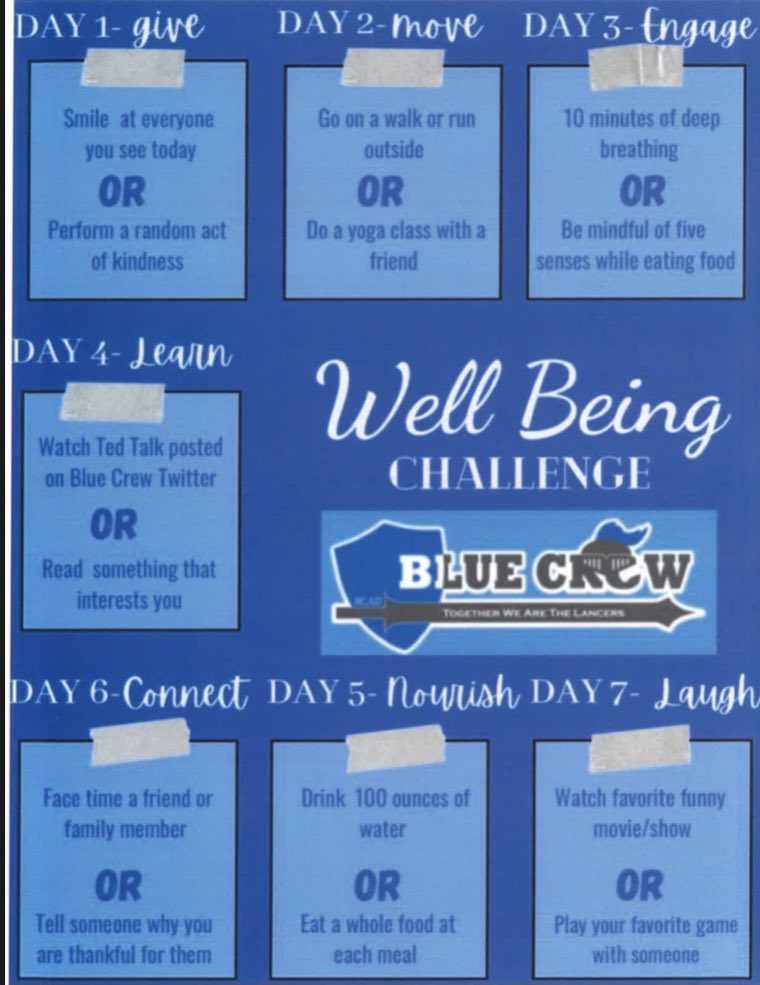 BC_Blue_Crew's tweet photo. Well Being Challenge Day 3! 10 min of deep breathing or be mindful of your senses while eating food! Share and use #bluecrewwellness21 Have a Great Day!! https://t.co/XgjCmbY8KX
