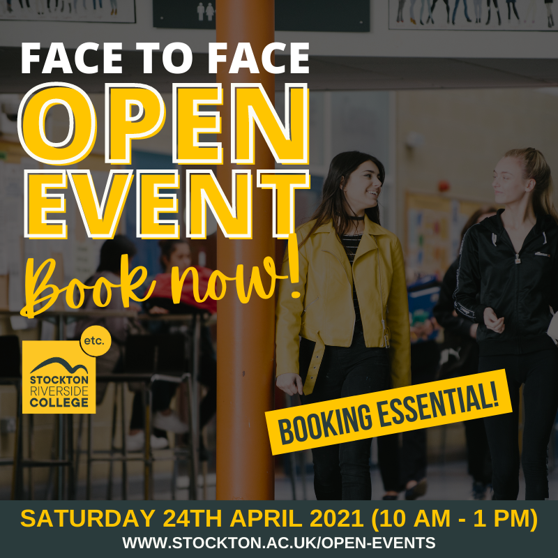 Welcome to our first Face-to-Face #OpenEvent of 2021. Book your place now: …openevent-sat24april.eventbrite.co.uk. 

Pop into the #college,  browse our full-time courses,  meet tutors, and ask questions. 

#study #teesside #student #learning #education #studentlife #collegelife #event #Stockton