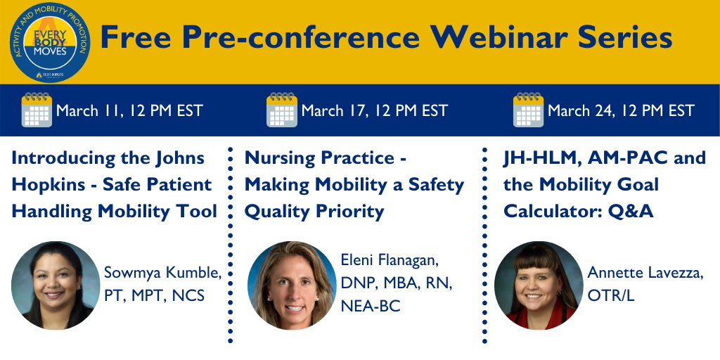 Johns Hopkins Activity & Mobility Promotion (AMP) (@hopkinsamp) on Twitter photo Our next FREE pre-conference webinar is tomorrow at noon EST! Don't miss <a href="/EleniFlanagan/">Eleni Flanagan</a> discuss how to make #mobility a #safetyquality priority in your nursing practice. #NurseTwitter #nursing
Register now: HopkinsAMP.org/webinars Our next FREE pre-conference webinar is tomorrow at noon EST! Don't miss <a href="/EleniFlanagan/">Eleni Flanagan</a> discuss how to make #mobility a #safetyquality priority in your nursing practice. #NurseTwitter #nursing
Register now: HopkinsAMP.org/webinars