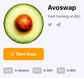 avoswap's tweet photo. #101 in DeFi on #DappRadar
also we expect listing on #bscscan soon

#YieldFarming #DeFi #BSC https://t.co/a3Ic5EmBWj