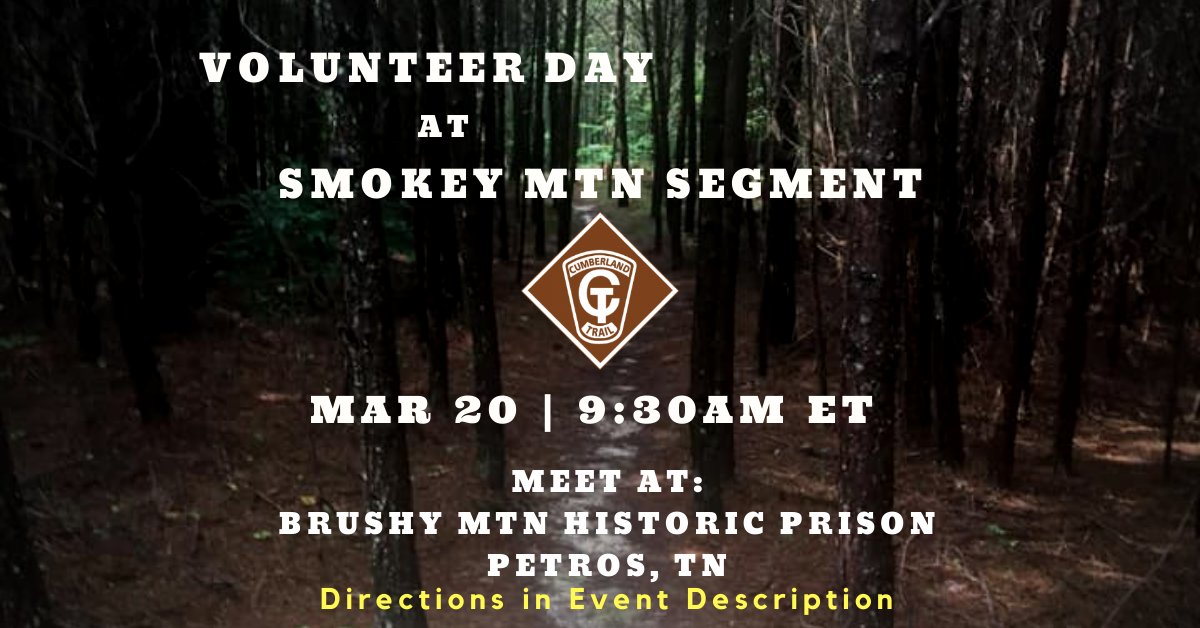 Join us this Saturday March 20th for a volunteer day on the Smokey (we bought an extra vowel) Mountain segment of the Cumberland Trail!

Go here for directions and details: tnstateparks.com/parks/event_de…