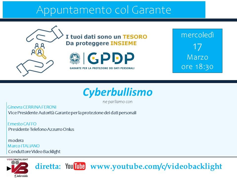telefonoazzurro's tweet photo. Domani @psico2010, Presidente #TelefonoAzzurro, parteciperà a #VideoBacklight per parlare di cyberbullismo e di come proteggere i più piccoli dai pericoli del web.
Segui la diretta alle 18:30 👇
https://t.co/d5BelPshLe
#GarantePrivacy @MarcoItaliano3 @GCerrinaFeroni https://t.co/zMzk2GRTrM
