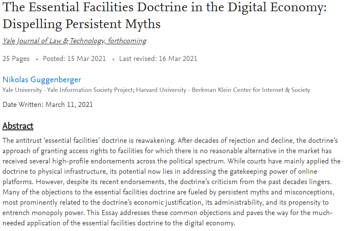 #Antitrust-based access rights to monopolistic infrastructure are making a comeback, w bi-partisan support. Much of the lingering criticism of the approach is unfounded. Check out my new piece on the essential facilities doctrine, forthcoming in @YJoLT. papers.ssrn.com/sol3/papers.cf…