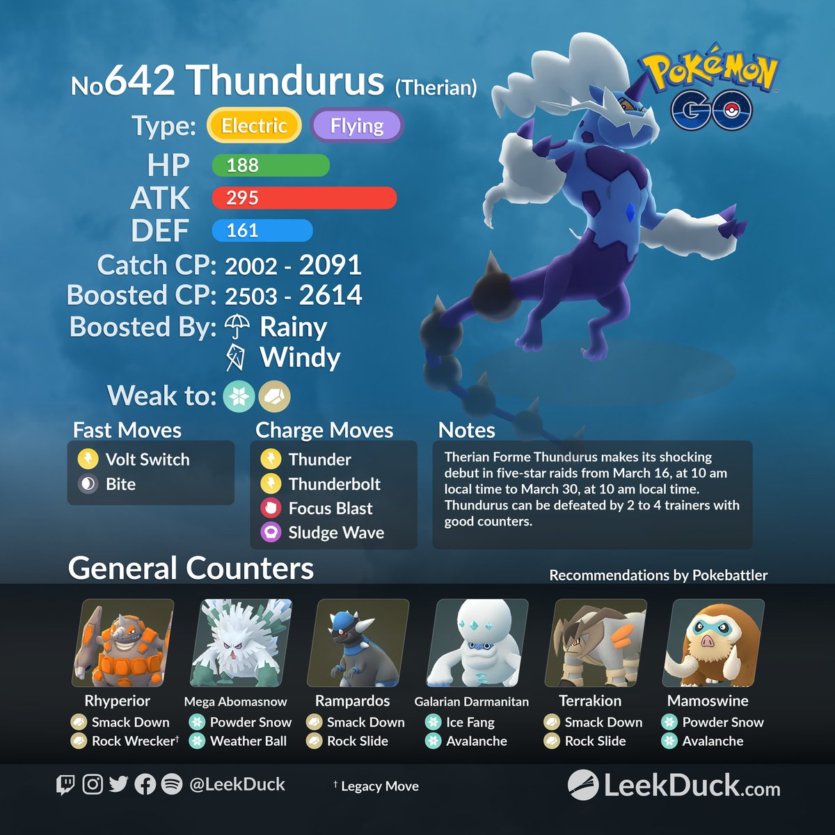 PogoRaiders's tweet photo. Thundurus (Therian Forme): 3/16, 10 a.m.–3/30, 10 a.m.

#PokemonGo https://t.co/f4gcmwPymt