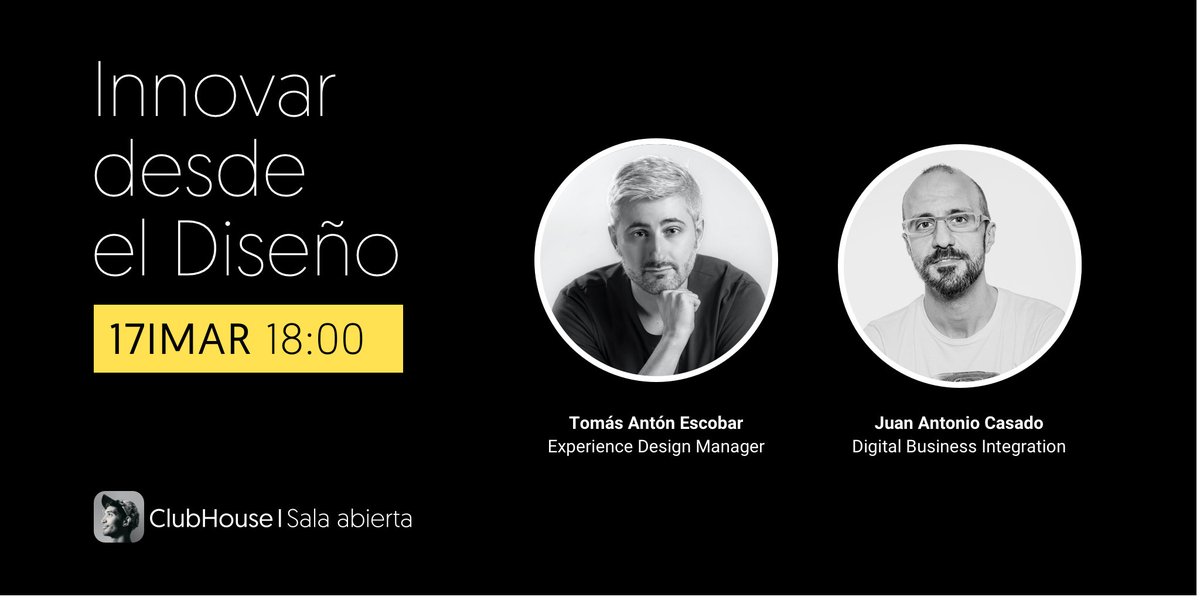 Nos lanzamos a conversar en @joinClubhouse los miércoles a las 18:00 cada 2 semanas sobre estrategia, innovación y diseño. 

Mañana <a href="/juanfrcarro/">Juan Francisco Carró</a> y <a href="/madclimber/">Ramón Puchades</a> conversarán con @DesignMatters y <a href="/hormigo_/">#Ant 🏳️‍🌈 -- @hormigo@laterracita.online</a> sobre Innovar desde el Diseño. ¡Os esperamos! joinclubhouse.com/event/m3lXDVvY