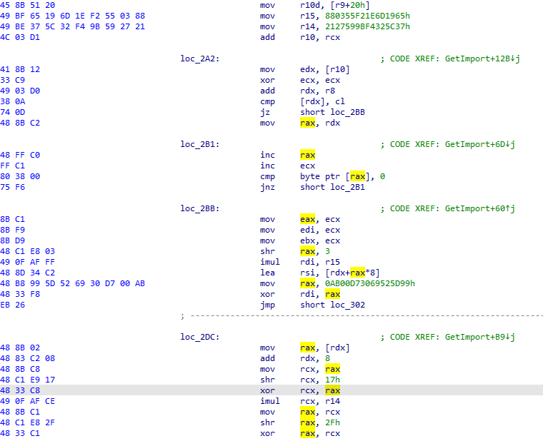 r3c0nst's tweet photo. #FIN8 shellcode for #BADHatch deployment uses an interesting APIHashing algorithm I haven't seen before. It's derived from a fasthash implementation in OpenCPN using seeds. https://t.co/SAx2FqDRkI #DFIR #Malware https://t.co/tAdqusgR81