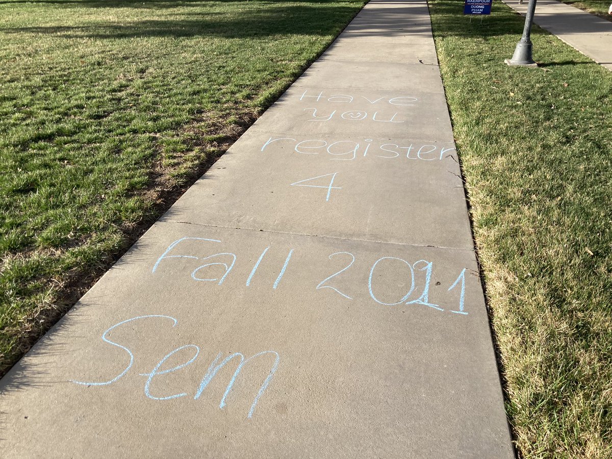 SGANewman's tweet image. It’s time for fall enrollment! Members of the Public Relations Committee were out yesterday chalking campus to remind students to register. Set up a meeting with your advisor! #SameValues #AcademicExcellence #JetPride