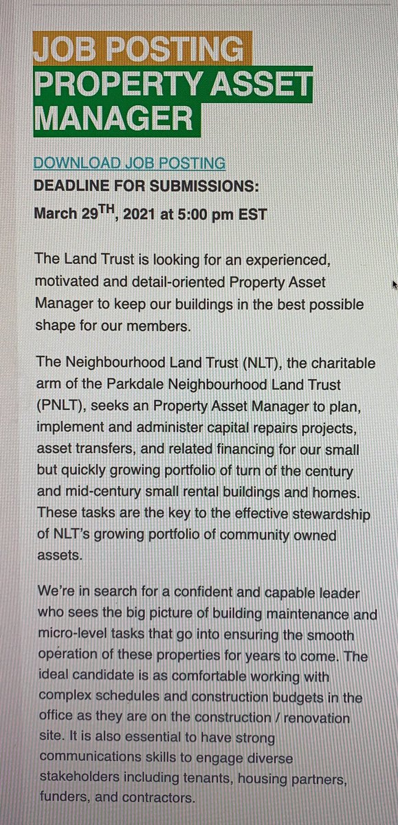 The NLT is looking for an experienced Property Asset Manager to keep our buildings in the best possible shape for our members. Check out the job posting at PNLT.ca