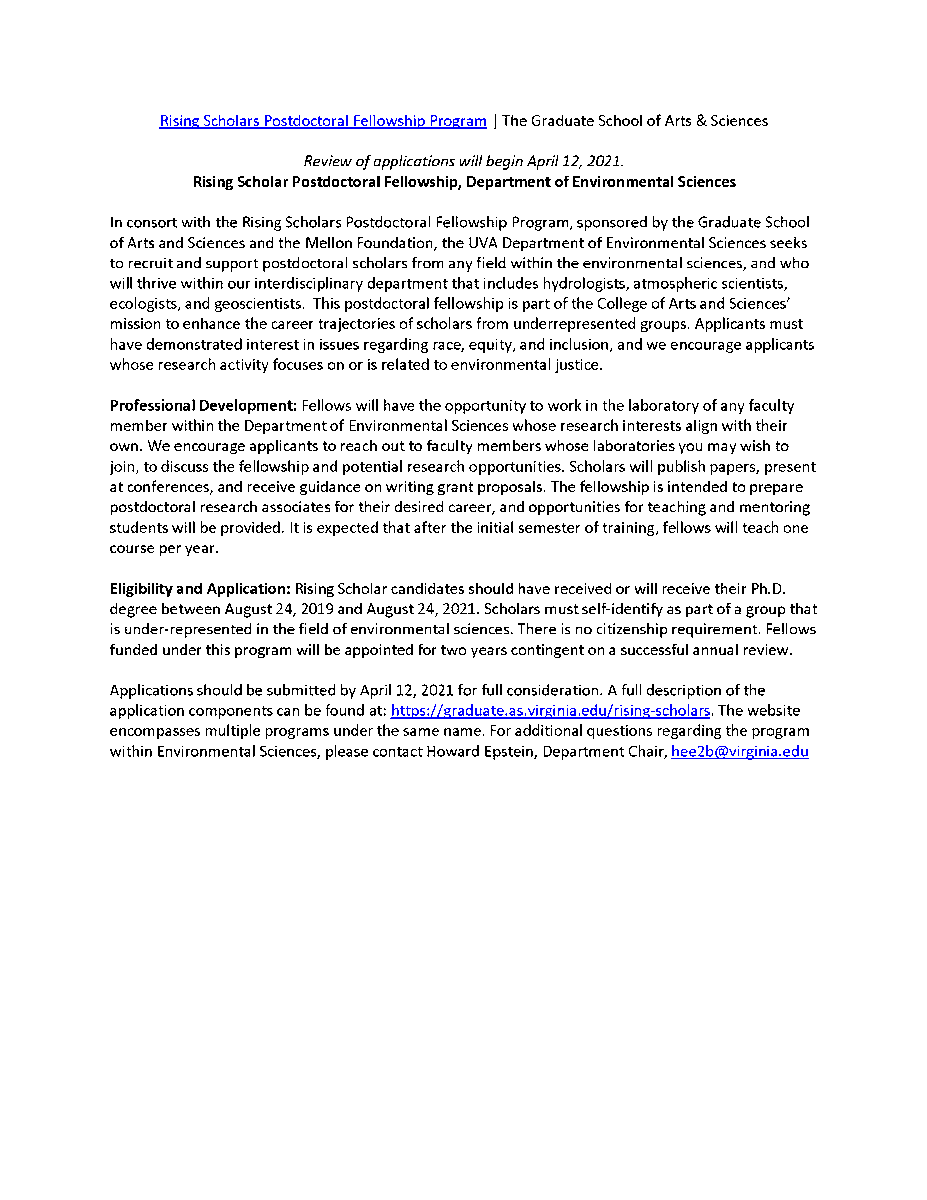 matt_reidenbach's tweet photo. We are happy to announce a new program in @uvaevsc and @UVA_College to support postdoctoral scholars from underrepresented backgrounds. Come join a great group of scientists in the Dept. of Environmental Sciences at UVA. https://t.co/sHIZtNiI9I