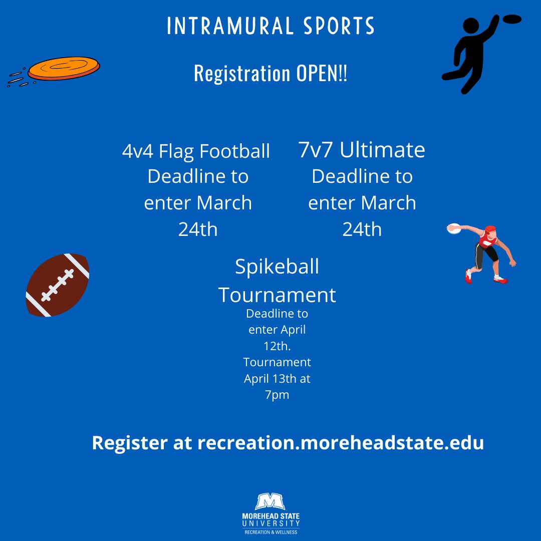 MSU_Intramurals's tweet image. Spikeball Tournament Registration is now open! You can also still sign up for 4v4 Flag and Ultimate! Sign up now at recreation.moreheadstate.edu