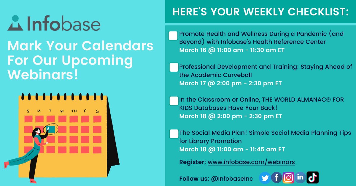 Have you registered for our upcoming #webinars?

Here's your weekly checklist to stay up-to-date on #trendingtopics and news, explore our exciting #productupdates, and hear from keynote speakers who are experts in their field.

Register today: infobase.com/webinars