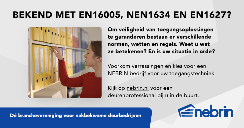 Van EN16005 tot NEN1634 en de Machinerichtlijn. Wat betekenen ze? En hoe houdt u rekening met de normen en wet- en regelgeving? Een NEBRIN aangesloten bedrijf heeft alle kennis en kunde in huis om u te adviseren over de juiste toegangstechniek.