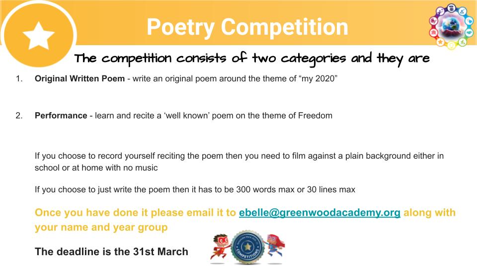 GW_Academy's tweet photo. 🚨Poetry - Competition Alert 🚨
All you creative writers, poets, performance poets and lyricists there's something in this competition for you all... get involved!
#remarkableworld
#proudtobegreenwood https://t.co/fNbozvoe4j