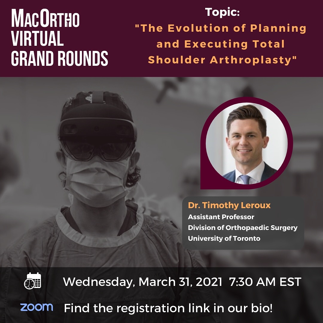 Save the Date!

Don't miss Dr. Timothy Leroux of @UTOSM presenting at Grand Rounds on 'The Evolution of Planning and Executing Total Shoulder Arthroplasty'!

Register at the link in our bio!