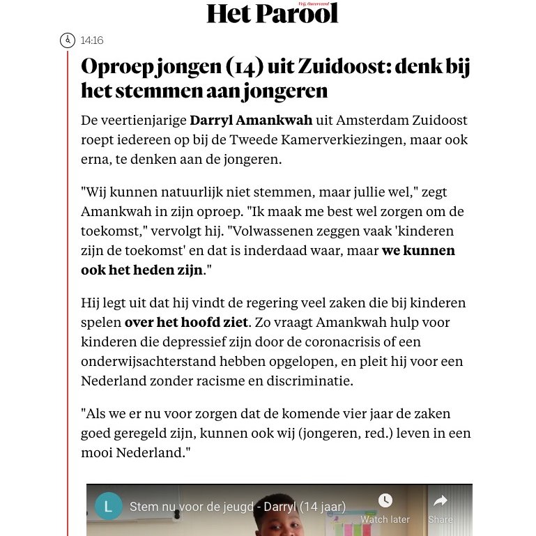 <a href="/parool/">Het Parool</a> schrijft over de oproep van Darryl: "Denk bij het stemmen aan jongeren" #stemvoordejeugd #verkiezingen
